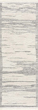 Close-up of Lave Bone & Taupe Area Rug. Neutral bone and taupe striped design with fringe. Contemporary style. Design-Runner