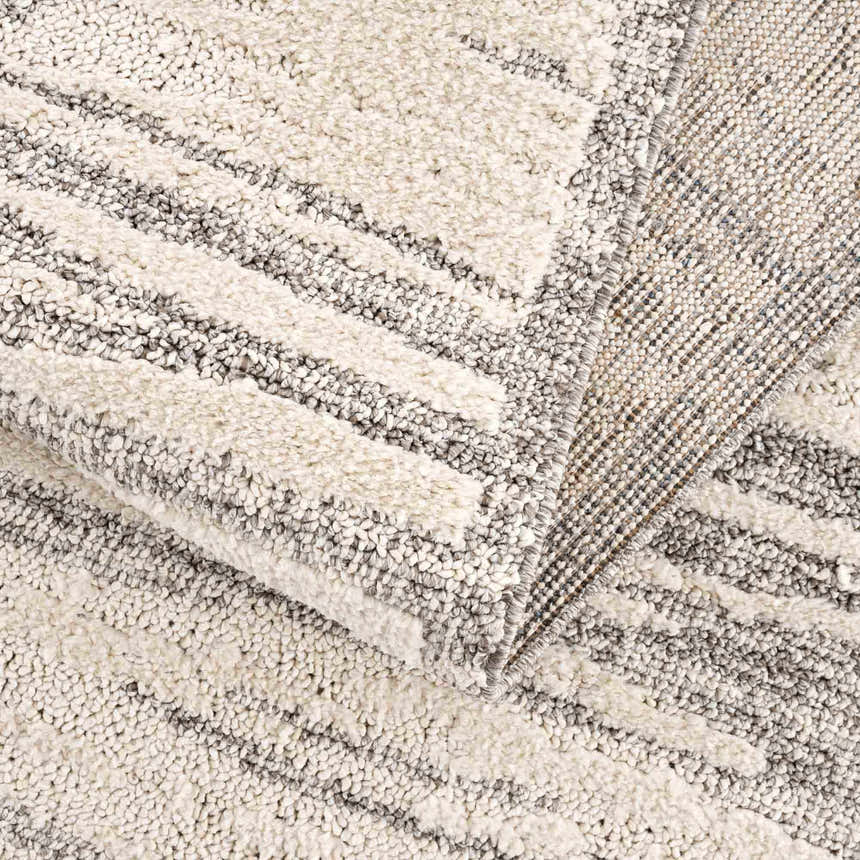Close-up of Lave Bone & Taupe Area Rug showing its textured, high-pile design and neutral bone and taupe striped pattern. Fold