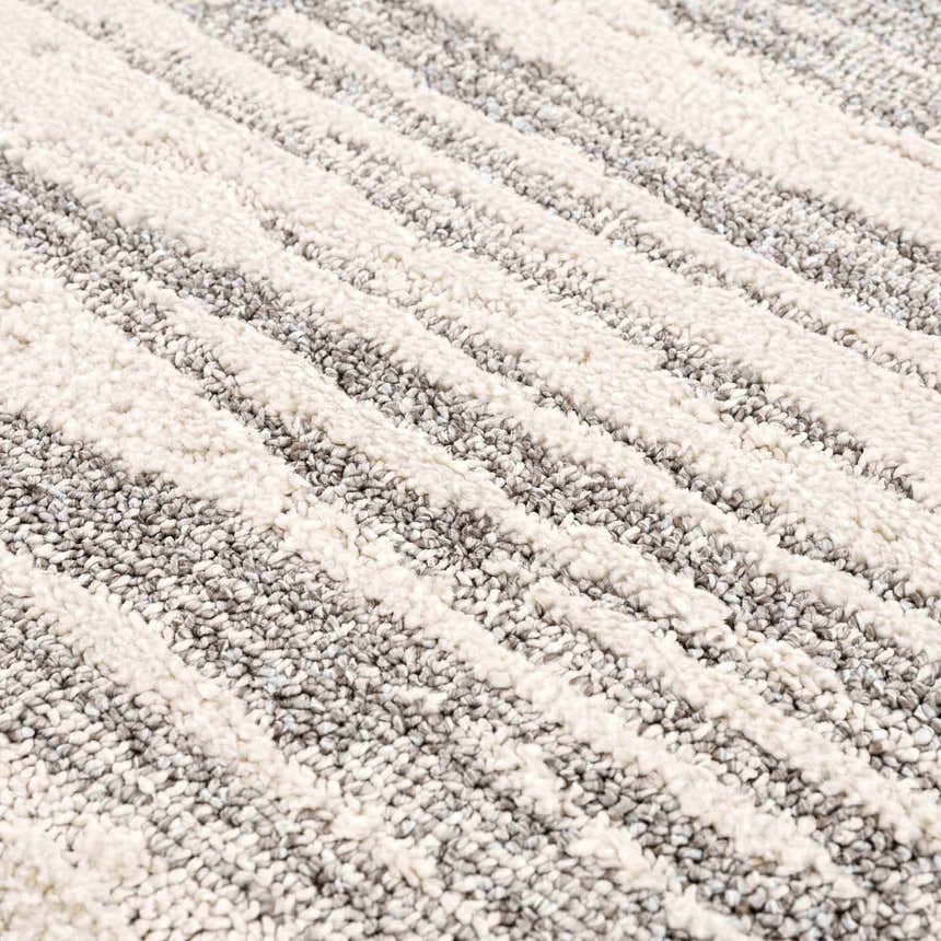Close-up of the Lave Bone & Taupe Area Rug showing its plush texture and contemporary bone and taupe striped design. Texture
