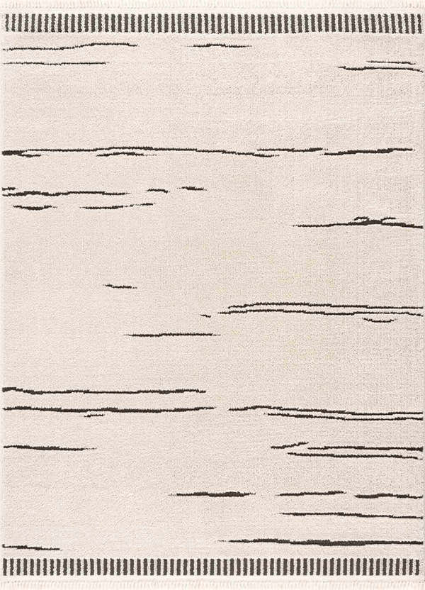 Close-up of the Aulii Area Rug in bone, featuring a minimalist design with horizontal black line accents and striped borders. Design-Rectangle-46