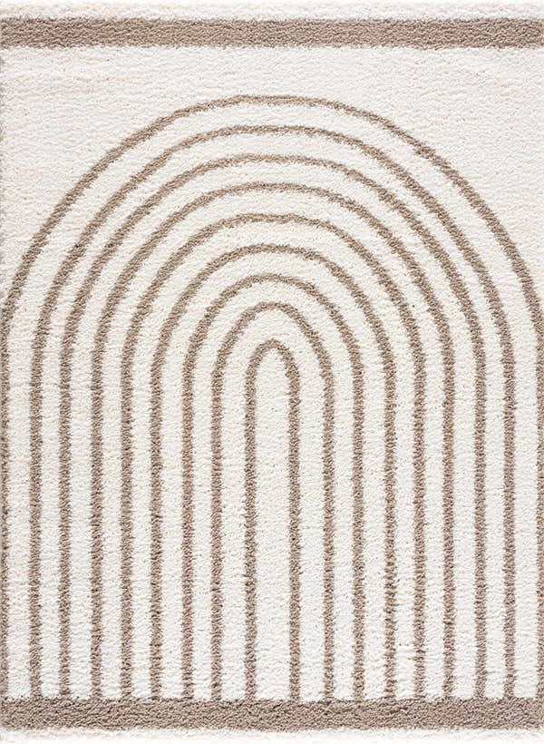 Close-up of the Jola Beige Area Rug, featuring a geometric pattern of beige arches on a white shag texture. Design-Rectangle-537