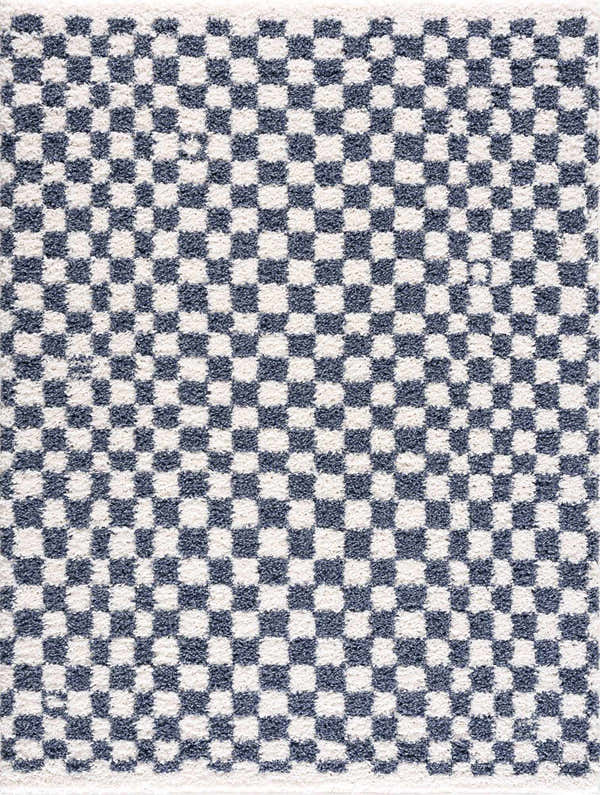 Close-up of the Kieu Blue & White Checkered Area Rug. Features a classic blue and white checkered pattern with a soft, shag texture. Design-Rectangle-5373