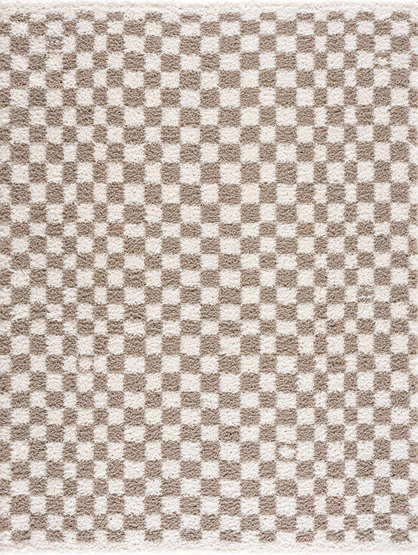 Close-up of the Kieu Taupe Checkered Shag Rug. Features a taupe and ivory checkerboard pattern with a soft, shag texture. Design-Rectangle-537