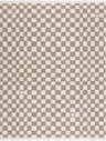 Close-up of the Kieu Taupe Checkered Shag Rug. Features a taupe and ivory checkerboard pattern with a soft, shag texture. Design-Rectangle-537