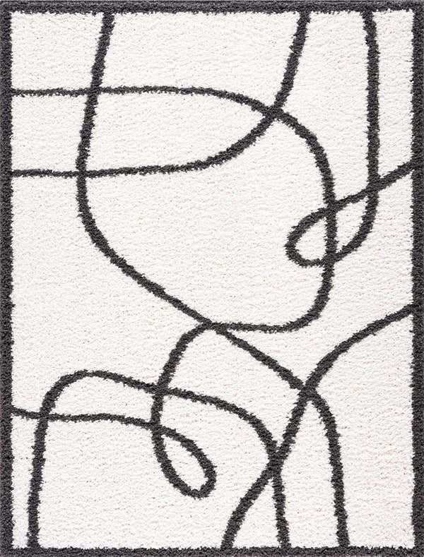 Close-up of the Brad Area Rug - Clearance. White shag rug with a black abstract line pattern and black border. Design-Rectangle-46