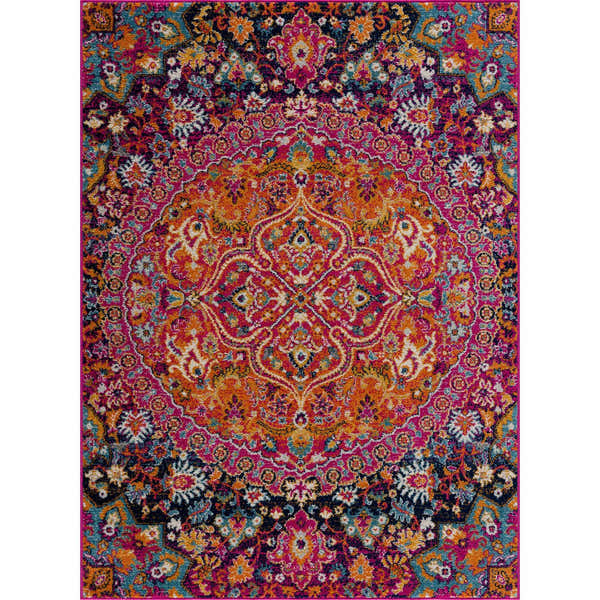 Detailed view of the Harput Lively Colors Rug, a traditional rug in burgundy, orange, and navy with a floral medallion pattern. Design-Rectangle