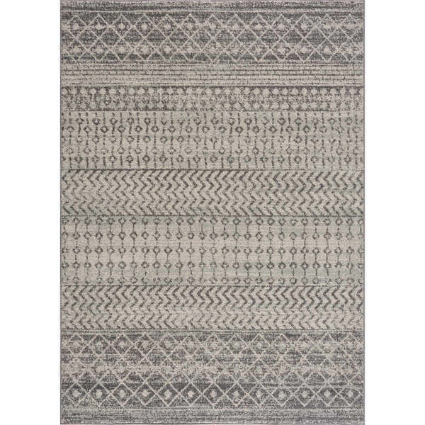 Close-up of New Harput Area Rug. Gray, light gray, and white geometric patterns. Machine woven polypropylene rug. Design-Rectangle