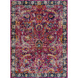 Close-up of the New Vick Area Rug. Traditional rug with a floral pattern in magenta, navy, orange, and gold. Design-Rectangle-46