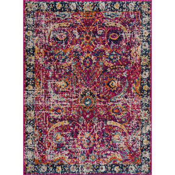 Close-up of the New Vick Area Rug. Traditional rug with a floral pattern in magenta, navy, orange, and gold. Design-Rectangle-46