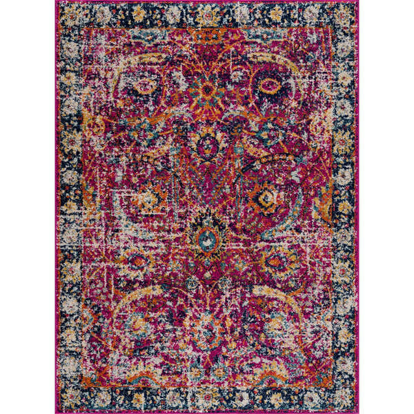 Close-up of the New Vick Area Rug. Traditional rug with a floral pattern in magenta, navy, orange, and gold. Design-Rectangle-46