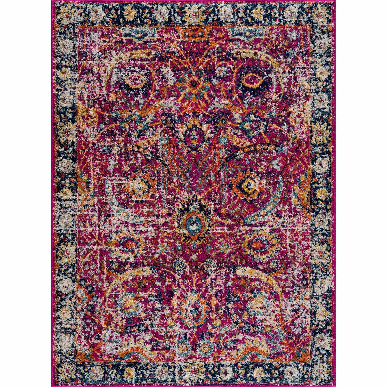 Close-up of the New Vick Area Rug. Traditional rug with a floral pattern in magenta, navy, orange, and gold. Design-Rectangle-46