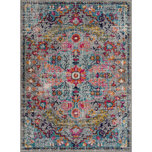 Close-up of a New Delanson Area Rug. Floral, farmhouse style with gray, teal, pink, and orange colors. Machine woven. Design-Rectangle-23