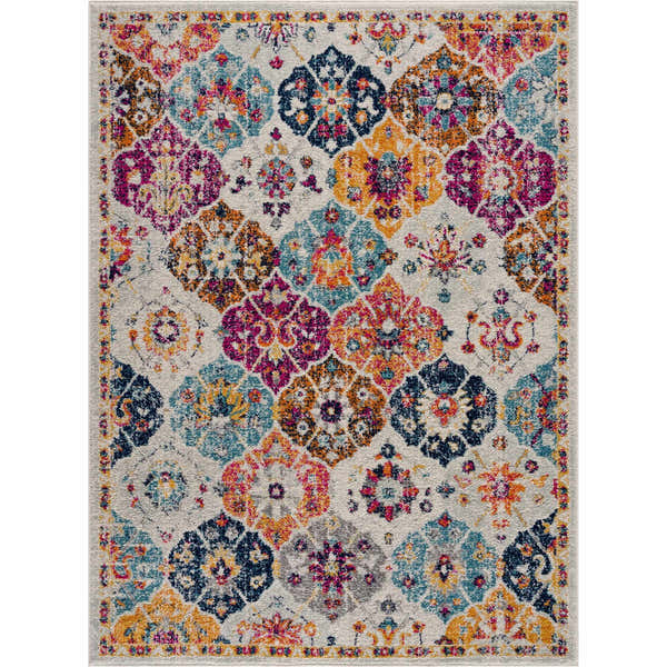 New Custar Area Rug: a machine-woven, traditional rug with burgundy, orange, navy, and teal floral medallions on a light gray background. Design-Rectangle-23