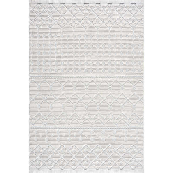 Close-up of the Ivory Beil 3D Fringe Area Rug. Features a geometric trellis pattern and fringe, in shades of ivory and white. Design-Rectangle