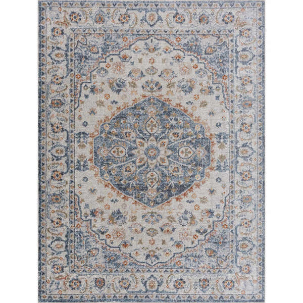 Hiti Cream&Blue Washable Rug with a traditional Persian-style design in cream, blue, and tan. Floral pattern. Design-Rectangle