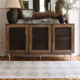 Styled Broox Beige area rug in a transitional room with a wooden cabinet and hardwood floors. Roomscene-Runner