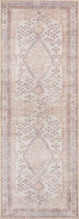 Close-up of the Analu Non-Slip Washable Rug. Features a rustic vintage design in brown, tan, and light blue hues. Design-Runner-2773