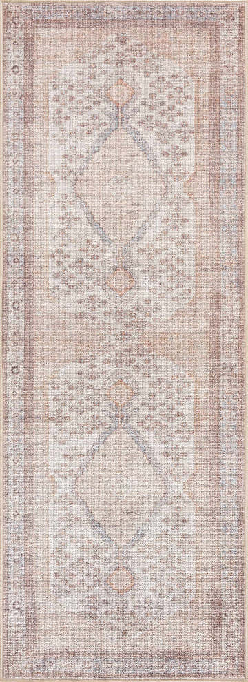 Close-up of the Analu Non-Slip Washable Rug. Features a rustic vintage design in brown, tan, and light blue hues. Design-Runner-2773