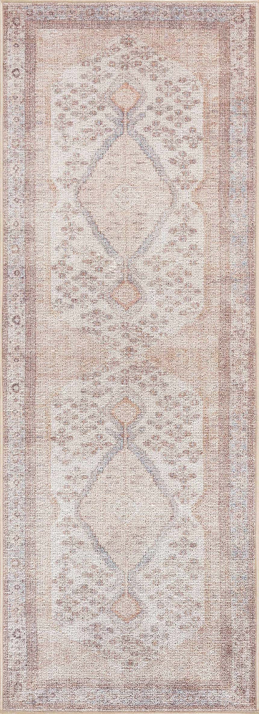 Close-up of the Analu Non-Slip Washable Rug. Features a rustic vintage design in brown, tan, and light blue hues. Design-Runner-2773
