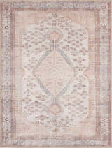 Close-up of the Analu Non-Slip Washable Rug. Features a traditional oriental pattern in brown, tan, sand, and light blue hues. Design-Rectangle-5373