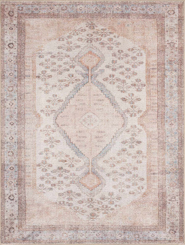 Close-up of the Analu Non-Slip Washable Rug. Features a traditional oriental pattern in brown, tan, sand, and light blue hues. Design-Rectangle-5373