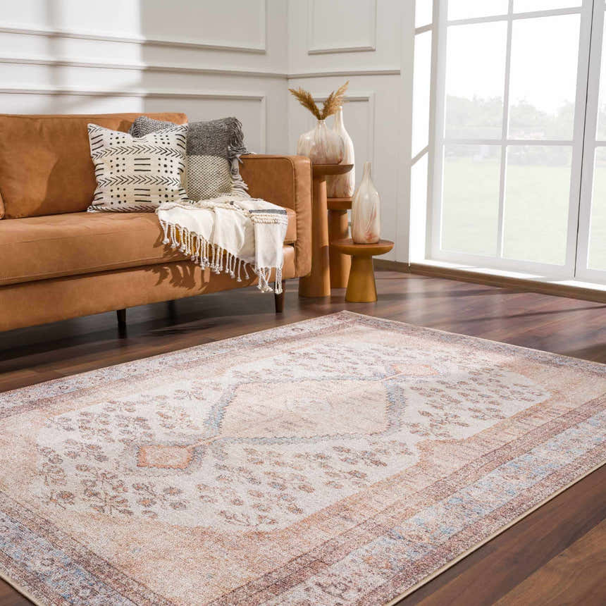 Living room with brown sofa and Analu Non-Slip Washable Rug in brown, red, and light blue oriental pattern. Roomscene-Rectangle