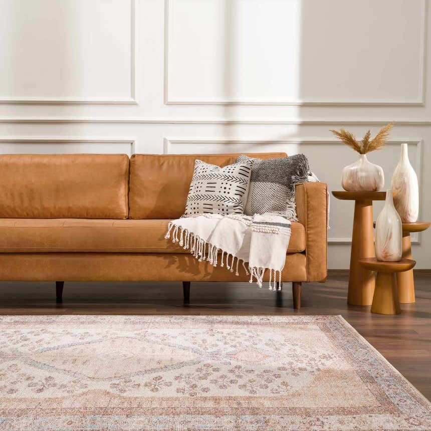Living room scene with a brown leather sofa and the Analu Non-Slip Washable Rug in brown, red, and light blue. Roomscene-Rectangle
