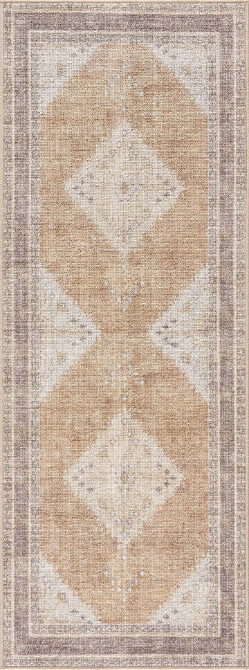 Close-up of the Albas Washable Area Rug, a traditional runner with light brown and beige diamond patterns and a dark brown border. Design-Runner-2773