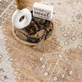 Close-up of the Albas Washable Area Rug in light brown. Traditional vintage style with a subtle geometric pattern. Soft texture. Styleshot