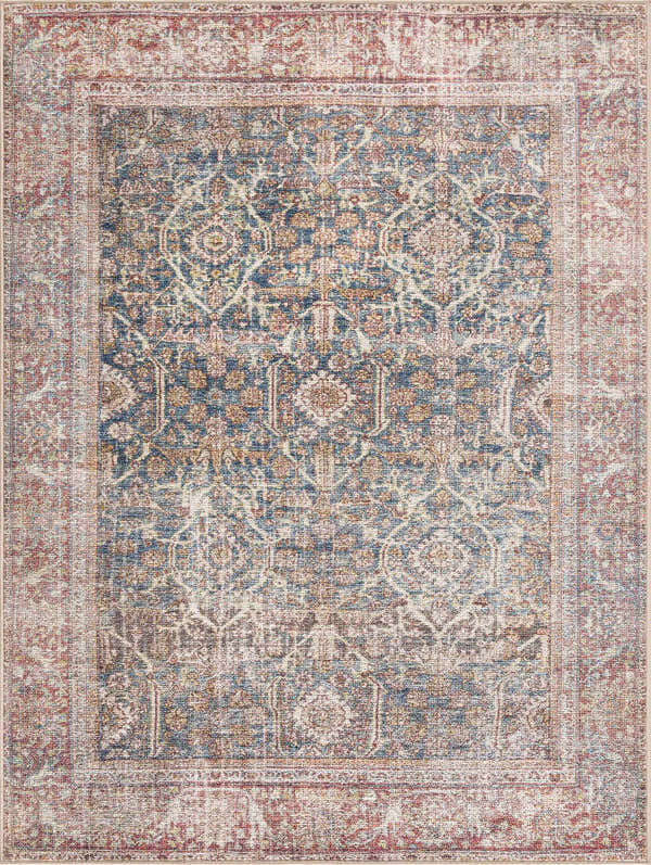 Close-up of the Avel Washable Area Rug. Features a traditional oriental pattern in beige, blue, and burgundy hues. Design-Rectangle-46