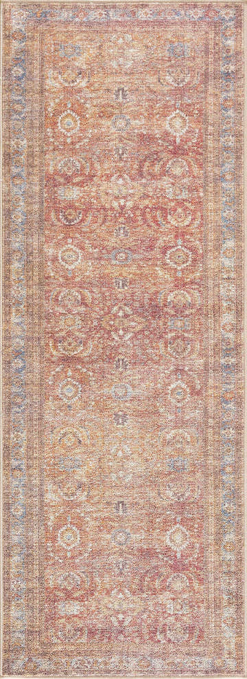 Close-up of the Anshu Peach Washable Area Rug, featuring a traditional vintage design with beige, blue, and burgundy tones. Design-Runner