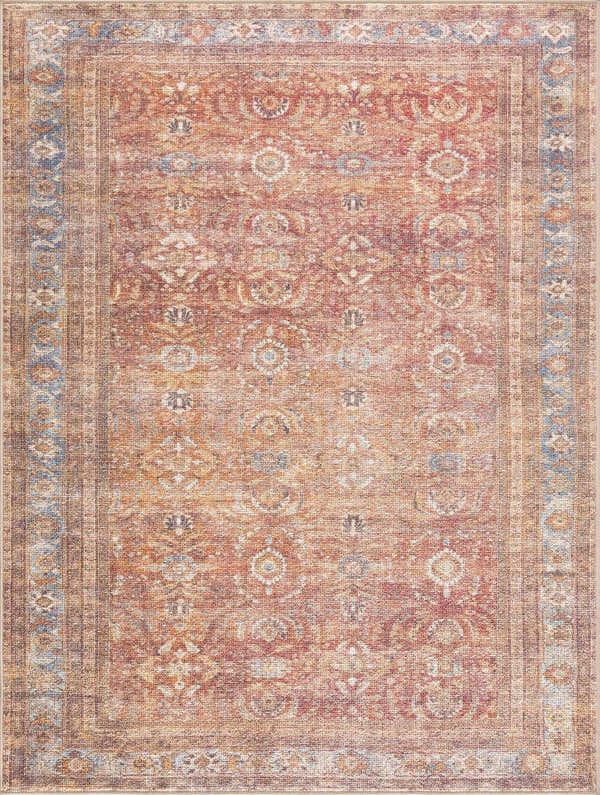 Close-up of the Anshu Peach Washable Area Rug, featuring a traditional vintage design in beige, blue, and burgundy tones. Design-Rectangle-46