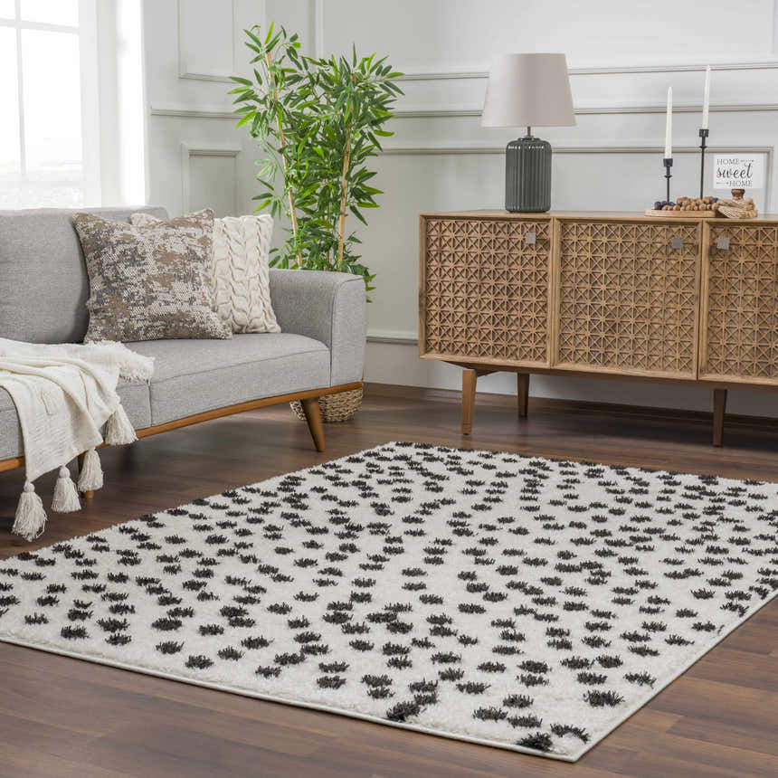 Living room scene with a Cansu Black & White Dotted Area Rug, gray sofa, and wooden cabinet. Modern, stylish decor. Roomscene-Rectangle