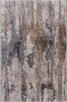Close-up of the Lurnea Luxe Fringe Rug. Abstract design with dark blue, light blue, medium gray, and mustard hues. Design-Rectangle-23