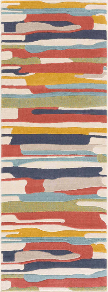 Close-up of the Southfields Colorful Modern Area Carpet featuring a horizontal abstract stripe pattern in aqua, mustard, and peach. Design-Runner-2773