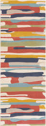 Close-up of the Southfields Colorful Modern Area Carpet featuring a horizontal abstract stripe pattern in aqua, mustard, and peach. Design-Runner-2773