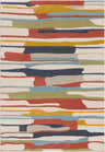 Close-up of Southfields Colorful Modern Area Carpet with horizontal stripes in aqua, charcoal, mustard, and peach hues. Design-Rectangle-3157