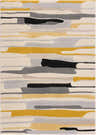 Close-up of the Southfields Mustard Modern Rug. Abstract design with mustard, black, gray, beige, and taupe hues. Machine woven texture. Design-Rectangle-3157