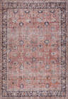 Close-up of the Ganyangan Red Washable Rug with a traditional floral pattern in brick red, blue, and beige. Design-Rectangle-5373