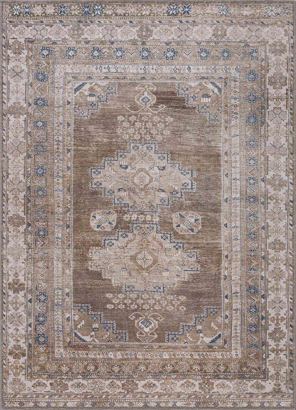 Close-up of the Baltinglass Flat Pile Washable Rug. Features a traditional oriental design in blue, cream, and light beige tones. Design-Rectangle-5373