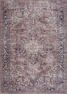 Detailed flat lay of the Viho Vintage Flat Pile Washable Rug. Traditional pattern in brown, blue, peach, and gray tones. Design-Rectangle-5373