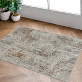 Light-filled mudroom with gray Windale Textured Luxe Area Rug on wood floor. Contemporary style with brown, gray, and mustard tones. Roomscene-Rectangle