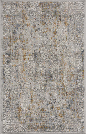 Close-up of the Ochlock Textured Luxe Area Rug; light gray with blue and mustard accents. Bohemian style. Design-Rectangle-23