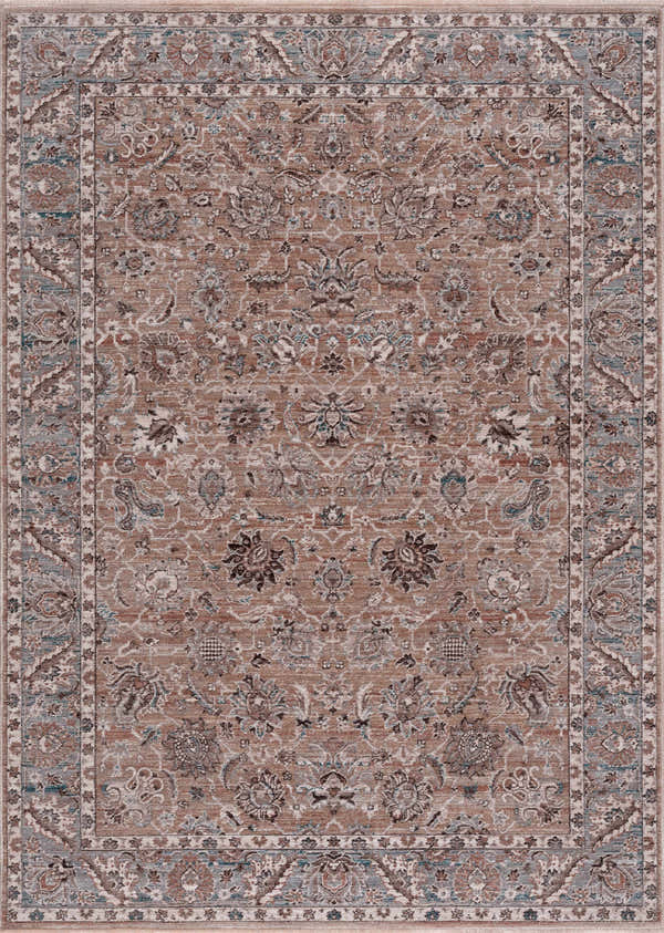 Detailed floral pattern of the Civankan Area Rug in brick red, denim, and brown tones. Traditional style. Design-Rectangle-5376