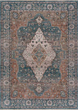 Detailed view of the Edremit Area Rug featuring a traditional oriental pattern in cream, dark blue, and brown tones. Design-Rectangle-5376