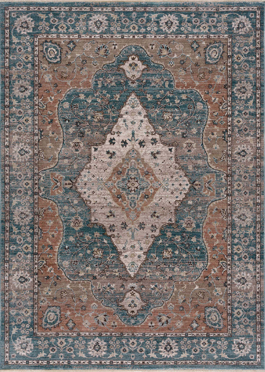 Detailed view of the Edremit Area Rug featuring a traditional oriental pattern in cream, dark blue, and brown tones. Design-Rectangle-5376