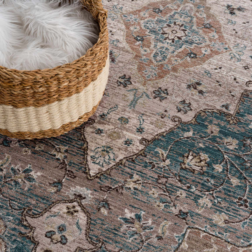 Close-up of the Edremit Area Rug, showcasing its cream, blue, and brown traditional pattern and woven texture. Pile