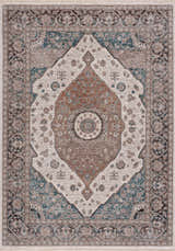 Close-up of the Baychester Area Rug. Traditional oriental design in cream, denim, brown, and ivory. Machine woven polyester rug. Design-Rectangle-5376