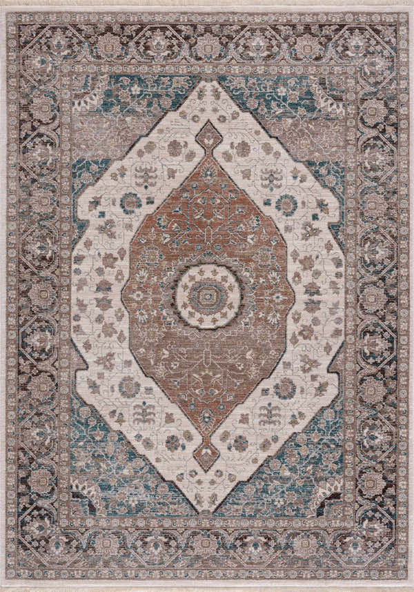 Close-up of the Baychester Area Rug. Traditional oriental design in cream, denim, brown, and ivory. Machine woven polyester rug. Design-Rectangle-5376