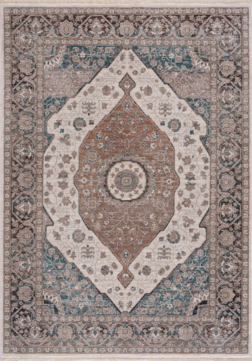 Close-up of the Baychester Area Rug. Traditional oriental design in cream, denim, brown, and ivory. Machine woven polyester rug. Design-Rectangle-5376